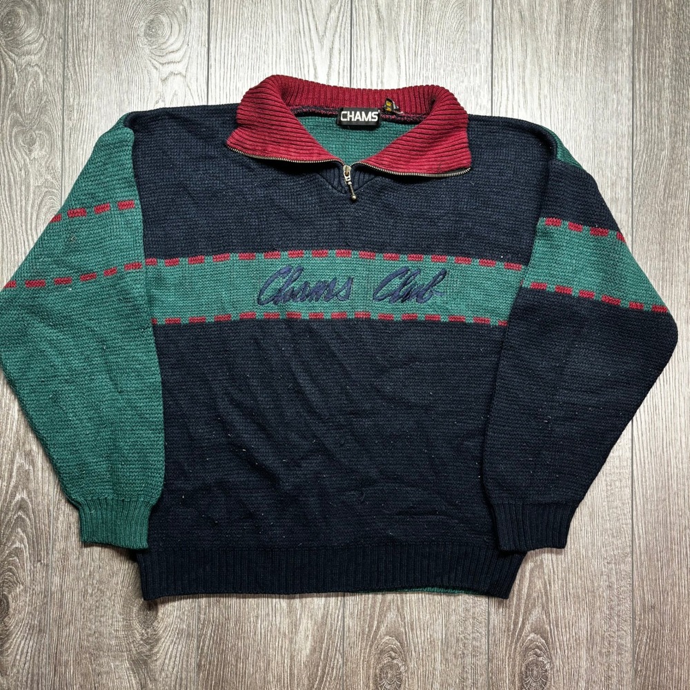 Vintage Chams Club Quarter Zip Sweater Mens L Colorblock Navy Green Burgundy